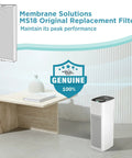 MS18 Compatible Air Purifier Filter Replacement displayed with purifier in a modern interior setting, genuine product badge visible.