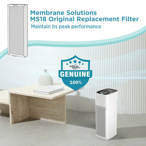 MS18 Compatible Air Purifier Filter Replacement displayed with purifier in a modern interior setting, genuine product badge visible.