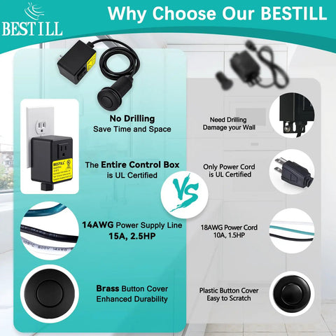 Comparison chart highlighting features of All In One Garbage Disposal Air Switch Kit For Sink Top With Single Outlet Matte Black 3.6 Inch Push Button Brass Cover UL Listed Compatible With All Garbage Disposals against competitors.