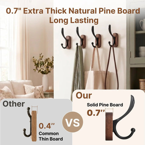 4 Pack Wall Mounted Coat Hooks Heavy Duty Double Design Hang Your Fits Smoothly Premium Walnut Wood Black Metal Frame in use.