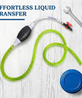 Heavy Duty Manual Fuel Siphon Pump For Cars And Trucks Featuring Wicked Smooth High Flow Transfer PVC Hose With Reliable Anti Backflow Valve Universal Fit For Diesel Gas Oil Water Pulls Fluid Like A Dream on a wooden surface.
