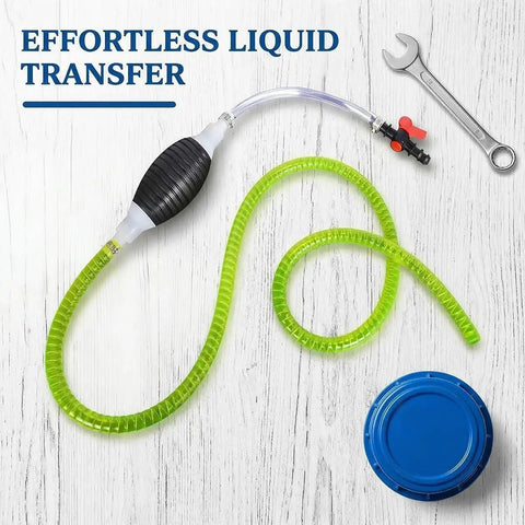 Heavy Duty Manual Fuel Siphon Pump For Cars And Trucks Featuring Wicked Smooth High Flow Transfer PVC Hose With Reliable Anti Backflow Valve Universal Fit For Diesel Gas Oil Water Pulls Fluid Like A Dream on a wooden surface.