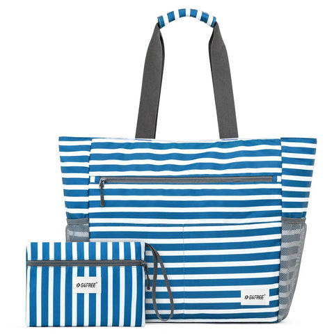 Waterproof Sandproof Beach Tote Bag With Large Capacity Two-In-One Foldable Design For Women Navy Stripe Includes Extra Small Purse