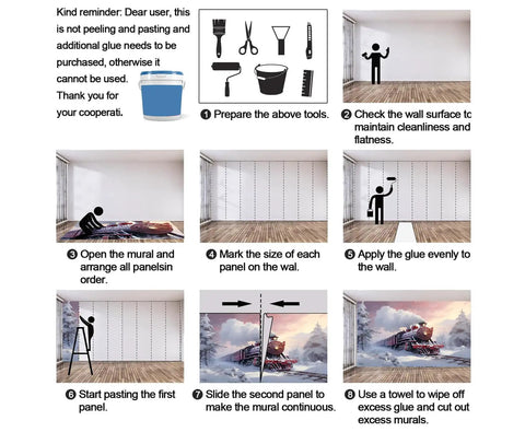 Steam Engine Train Wallpaper Mural installation guide showing pre-cut strips and step-by-step instructions on a wall.