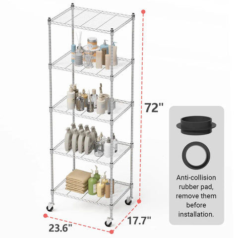 Beefy Rolling Garage Shelving Unit With Wheels 5 Tier Adjustable Wire Rack Durable Steel Storage For Kitchen Office Garage And Workshop 865 Pound Capacity Easy Mobility With Adjustable Feet Chrome Finish, 72-inch chrome steel rack with wheels