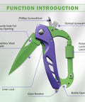 Six In One Multitool Carabiner With Folding Knife And Bottle Opener For Camping And Hiking, EDC Gear Including Phillips And Flathead Screwdrivers, Window Breaker, Practical Gift For Women And Men In Purple And Green, labeled features