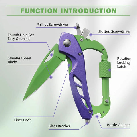 Six In One Multitool Carabiner With Folding Knife And Bottle Opener For Camping And Hiking, EDC Gear Including Phillips And Flathead Screwdrivers, Window Breaker, Practical Gift For Women And Men In Purple And Green, labeled features