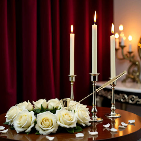 Pretty Slick Gold Metal Candle Snuffer With Extra Long Handle Steady Grip Wick Extinguisher Tool No Burn Drama Heavy Steel Finish Cozy Hearth Decor Perfect Gift For Housewarmers next to lit candles and white roses on a table.