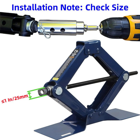 Rock Solid One Inch Drive Trailer Jack Drill Adapter For Up To Twelve Thousand Pound Rigs Works With Standard Cordless Or Gas Drills Up To Five Hundred RPM showing installation with drill and jack.