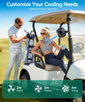 Magnetic Golf Cart Fan With 10000mAh Battery, Rechargeable, 3 Speeds, Up To 30 Hours Run Time, LED Lantern, 360 Degree Rotatable Head, Fits EZGO Club Car Golf Carts, Portable All Day Cooling For Your Rounds in use on a golf cart.