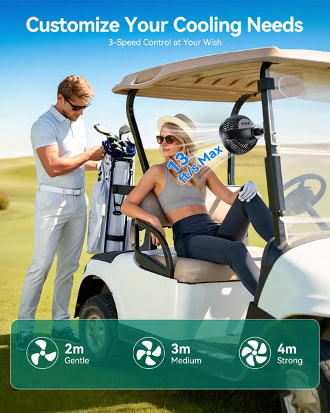 Magnetic Golf Cart Fan With 10000mAh Battery, Rechargeable, 3 Speeds, Up To 30 Hours Run Time, LED Lantern, 360 Degree Rotatable Head, Fits EZGO Club Car Golf Carts, Portable All Day Cooling For Your Rounds in use on a golf cart.