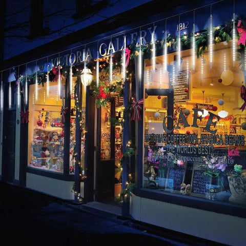 Outdoor Meteor Shower LED Lights 540 LEDs Across 10 Tubes 19.7 Inch Waterproof Icicle String Lights on shop facade.