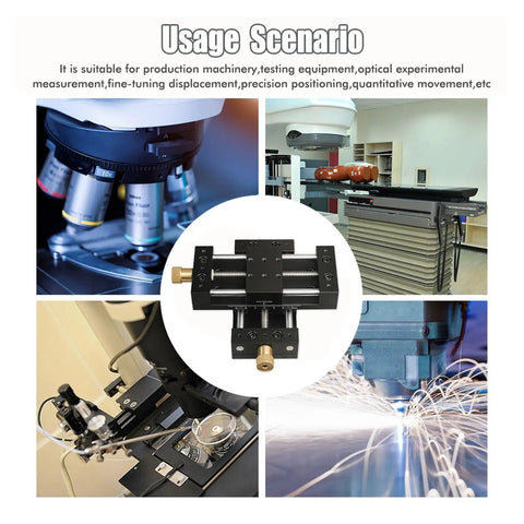 XY dual-axis precision displacement platform in lab setup, shown with optical and machinery applications, manual fine-tuning visible.