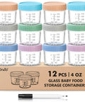 Glass Baby Food Storage Jars 4 Oz 12 Pack with Color Lids Totally Leak Proof BPA Free Reusable Baby Food Containers displayed in stack.