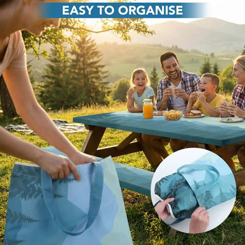 Family using Three Piece Waterproof Picnic Table Cover Set With Bench Covers And Storage Bag For 72 Inch Tables in a scenic outdoor setting.