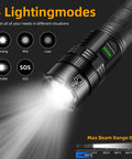 Rechargeable LED Flashlight 100000 Lumens Beast Bright Zoomable Beam XHP99 Tactical IP68 Waterproof showing five lighting modes