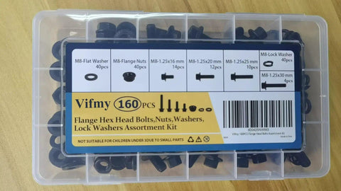 M8-1.25 Flange Bolt Kit 160-Piece With 8mm Bolts, Serrated Flange Nuts in clear case