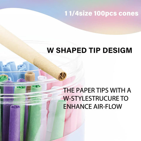 Close-up of colorful pre rolled cones in a jar showing a W-shaped tip design for airflow, labeled as 1 1/4 size 100 pcs.