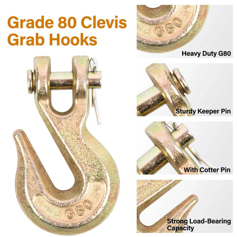 Front view of Grade 80 clevis grab hooks, 3/8 in, 4-pack, gold finish with cotter pin