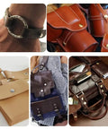 Various leather items with rivets and snap fasteners, showcasing usage of Leather Rivets and Snap Fastener Kit With Tools for DIY Projects