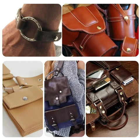 Various leather items with rivets and snap fasteners, showcasing usage of Leather Rivets and Snap Fastener Kit With Tools for DIY Projects
