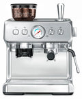 Top Tier 58mm Espresso Machine With Integrated Conical Burr Grinder, 30 Grind Settings, 20 Bar Italian Pump, PID Temp Control, Creamy Steam Wand, Legit Home Barista Setup For Killer Lattes And Dreamy Cappuccinos Zero Hassle, showing front view with grinder and control panel.