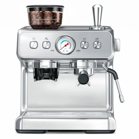 Top Tier 58mm Espresso Machine With Integrated Conical Burr Grinder, 30 Grind Settings, 20 Bar Italian Pump, PID Temp Control, Creamy Steam Wand, Legit Home Barista Setup For Killer Lattes And Dreamy Cappuccinos Zero Hassle, showing front view with grinder and control panel.