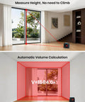 2 In 1 Laser Distance Meter And Auto Lock Tape Measure showing height measurement and volume calculation in a room