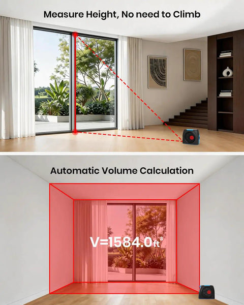 2 In 1 Laser Distance Meter And Auto Lock Tape Measure showing height measurement and volume calculation in a room