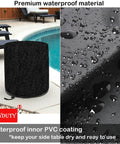 Beefed Up Weatherproof Patio Cooler Bar Table Cover For Keter Pacific 7.5 Gallon Cool Bar 21 Inch Diameter By 23 Inch High Waterproof Outdoor Cover With Tear Resistant And Double Stitched Oxford Fabric For All Weather Protection next to pool and close-up of waterproof fabric texture.