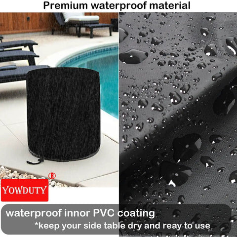Beefed Up Weatherproof Patio Cooler Bar Table Cover For Keter Pacific 7.5 Gallon Cool Bar 21 Inch Diameter By 23 Inch High Waterproof Outdoor Cover With Tear Resistant And Double Stitched Oxford Fabric For All Weather Protection next to pool and close-up of waterproof fabric texture.