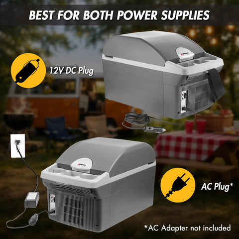 Portable 14 Liter Thermoelectric Cooler Warmer With 12 Volt DC Power For Car RV And Camping Use in outdoor setting with power supplies visible.