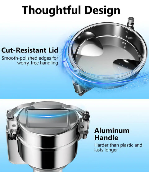 Powerhouse 1800W High Speed Grain Mill Grinder with cut-resistant lid and aluminum handle for safety and durability