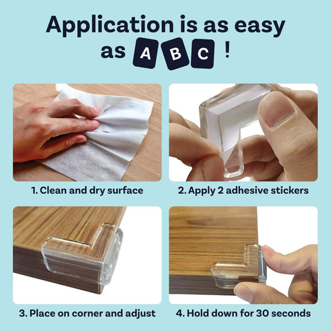 Clear Corner Protector Guards For Furniture Edges Baby Proof Bumpers And Cushions To Cover Sharp Table And Cabinet Edges PVC Durable 12 Pack With Easy Peel And Stick Adhesive For Quick Install process shown on wood surface in 4 steps