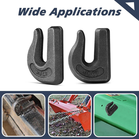 Two HANDRERLEE weld-on chain grab hooks, 3/8 in G70 forged steel, for tractors and trailers — front view