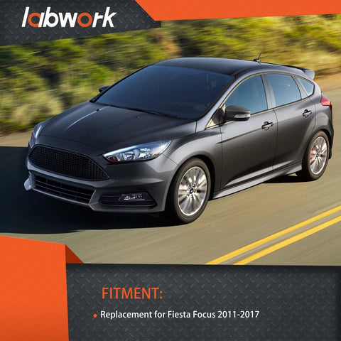 Labwork-branded automotive ad showing a dark gray hatchback driving on a highway; front three-quarter view.