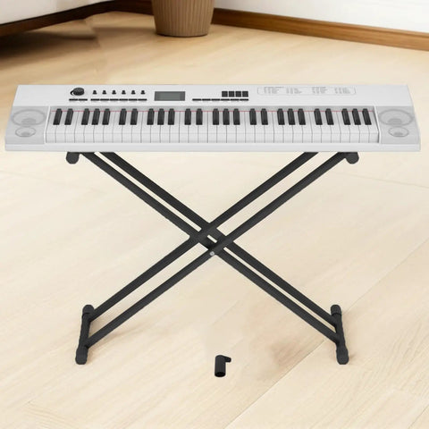 Digital piano on stand with 8 Pack Keyboard Stand Feet Replacement Caps for Digital Pianos and Keyboards Shock Absorbing Non Marking Leg Protectors visible