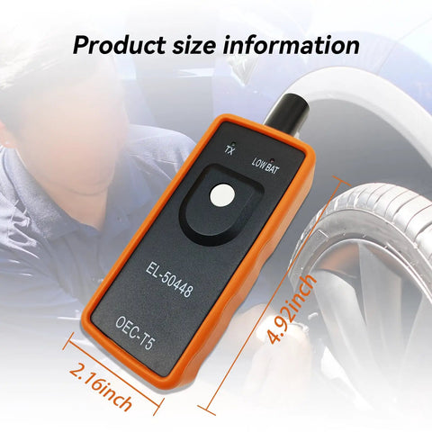 No Fuss Slick TPMS Relearn Tool And Tire Pressure Sensor Reset Adapter Compatible With Most GM Vehicles EL50448 size dimensions on display.