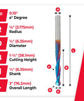 Top Tier 5 Pack CNC Router Bits With 1/4 Shank 1/8 Radius Ball Nose Profile Tough As Nails Nanocoated Milling End Mills Dual Flute Spiral Cutters For Hardwood Acrylic 3D Carving Made In Usa, showing dimensions and details.