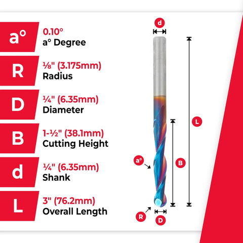 Top Tier 5 Pack CNC Router Bits With 1/4 Shank 1/8 Radius Ball Nose Profile Tough As Nails Nanocoated Milling End Mills Dual Flute Spiral Cutters For Hardwood Acrylic 3D Carving Made In Usa, showing dimensions and details.