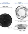 4 Pack Kitchen Sink Strainer Stopper Set showing dimensions and materials, silicone stopper and stainless steel filter.