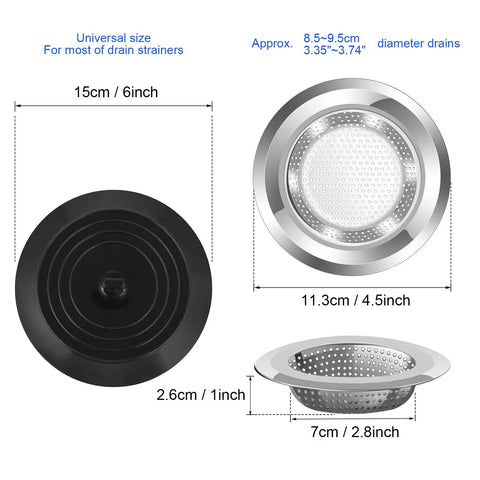 4 Pack Kitchen Sink Strainer Stopper Set showing dimensions and materials, silicone stopper and stainless steel filter.