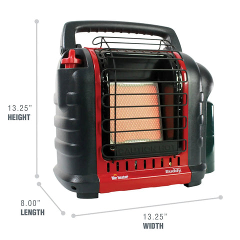 Portable Propane Heater With 9,000 BTU Radiant Heat For Indoor Or Outdoor Use, red and black, dimensions 13.25" x 8.00" x 13.25".