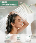 Woman enjoying shower under 8-inch rain shower head, stainless steel, part of Tub and Shower Faucet Set with Pressure Balance Valve.