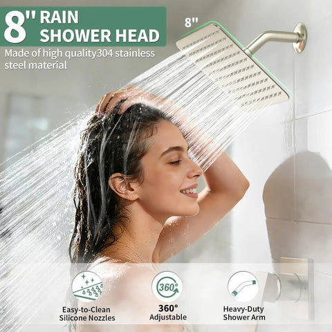 Woman enjoying shower under 8-inch rain shower head, stainless steel, part of Tub and Shower Faucet Set with Pressure Balance Valve.