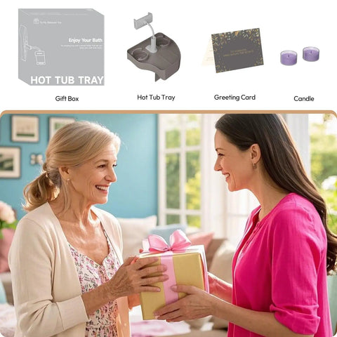 Hot Tub Table Tray With Adjustable Phone Holder And Dual Drink Caddies For Outdoor Pools And Spas, gift set with greeting card and candles.