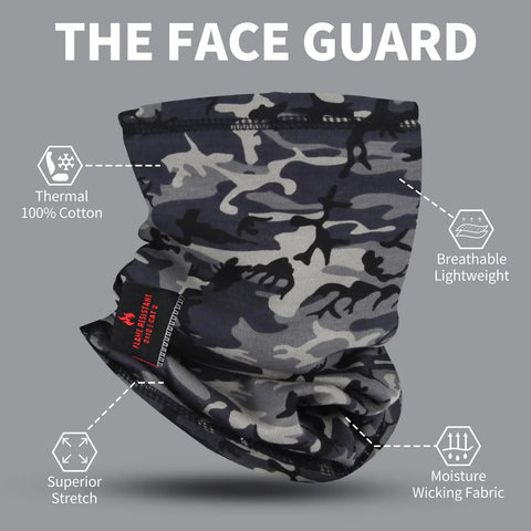Straight Up Flame Resistant Neck Gaiter Two Pack With Fire Retardant Face Mask For Job Site Safety Welding Motorcycle Riding And Wildfire Protection Breathable UV Shield in camo pattern, showing moisture-wicking fabric.