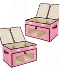 No Hassle Straight Up Foldable Fabric Storage Bins With Tough Lids And Transparent Panels For Rapid Grab. Pink fabric cube with clear front.