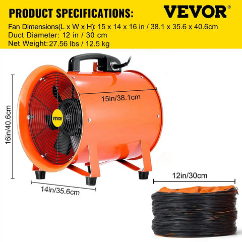 High Velocity Portable Axial Blower With 16 Ft Duct Hose, 12 Inch Fan, 585W Motor, 3198 CFM Airflow, Durable Steel Frame