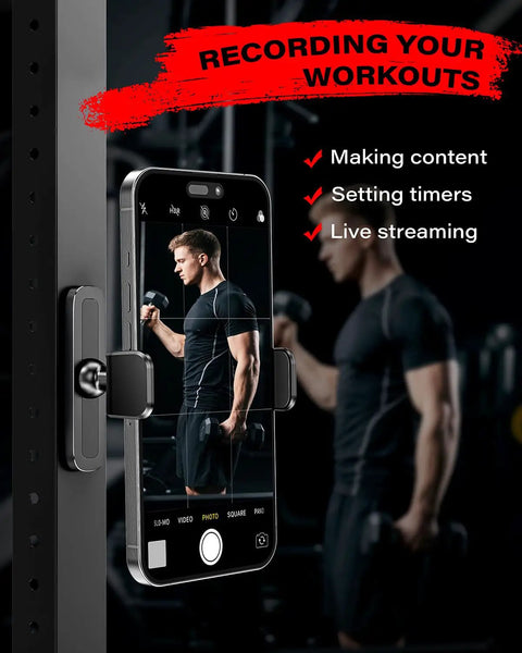 Magnetic Gym Phone Holder With Alloy Base And Joint, 360 Degree Adjustable, holds phone on gym equipment during workout